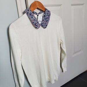 J. Crew Cream Sweater with Blue Floral Collar